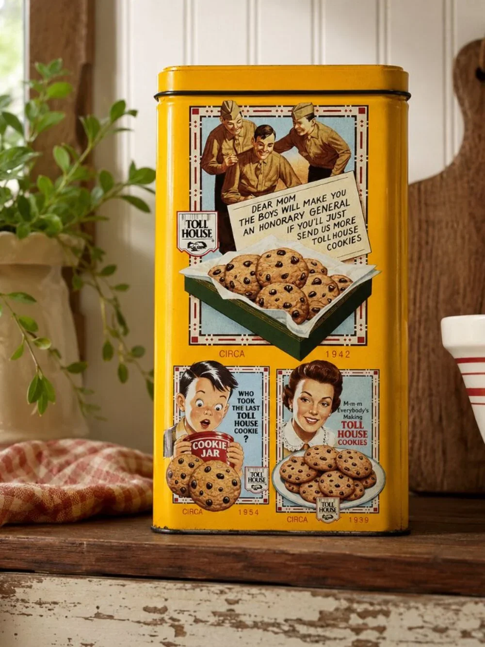 Vintage Nestlé Toll House Cookie Tin 1939 1942 1954 Yellow Metal Canister